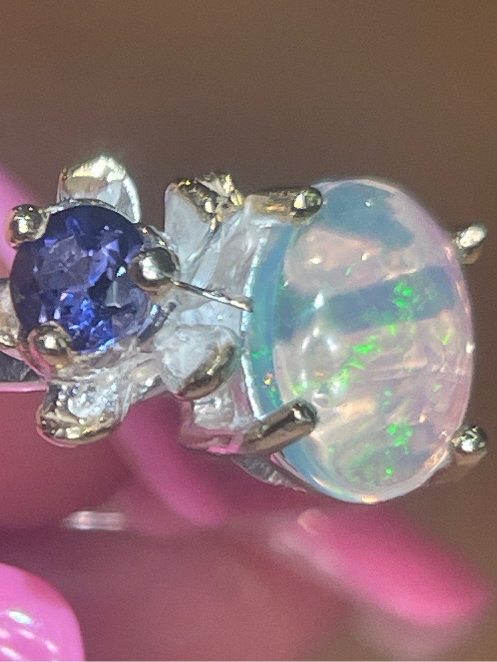 Sterling Silver Opal Amethyst Gemstone Ring Size 5
